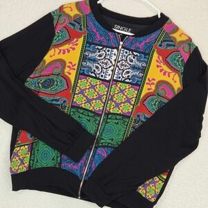 Single Los Angeles Womens Bomber Jacket M Silk Patchwork Paisley Zip Black Multi